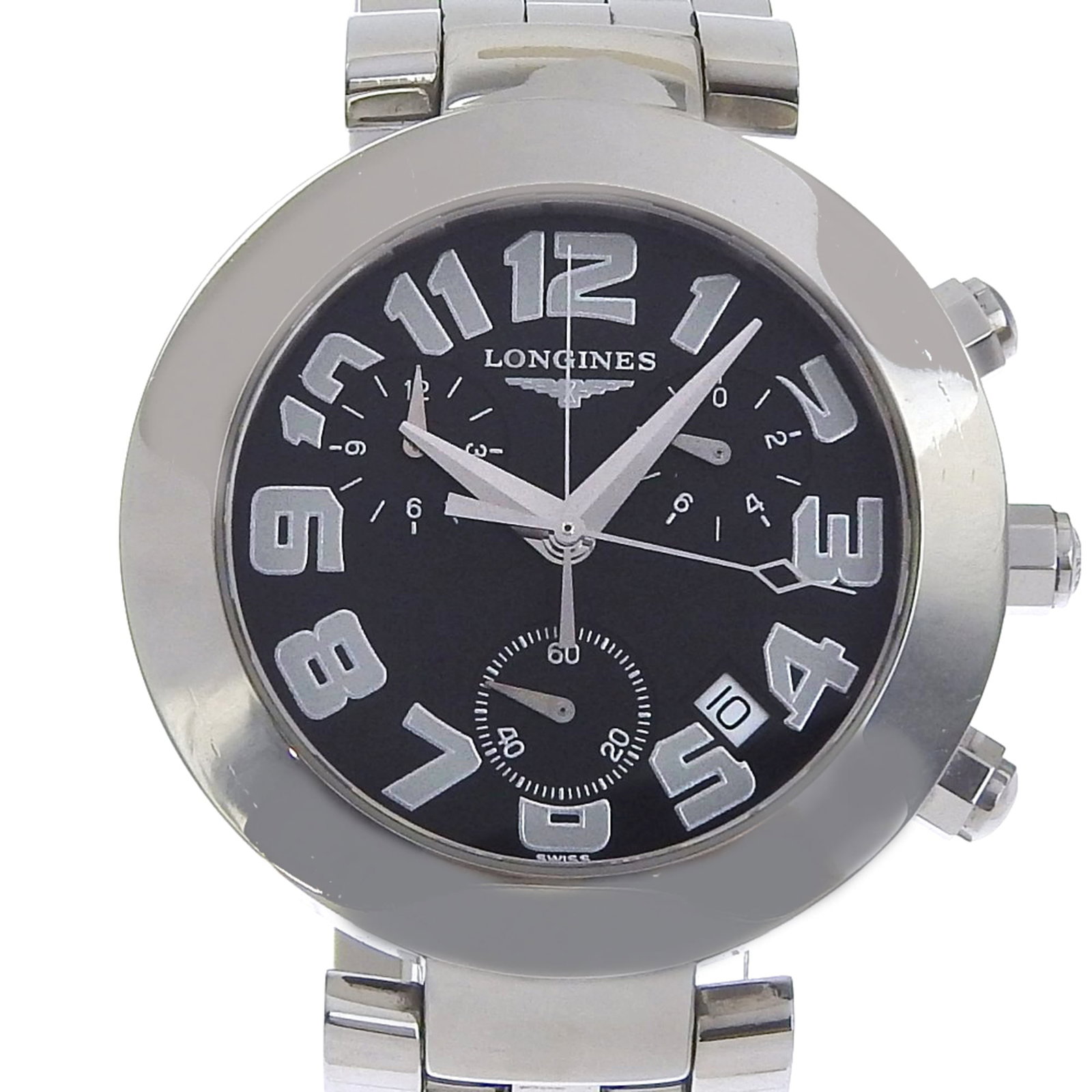 Wristwatch by Longines: Wristwatch by Longines Stainless steel case and band provide a durable foundation for this Longines wristwatch, featuring a black dial. Measuring 38mm in diameter, it suits wrists up to 19cm in length