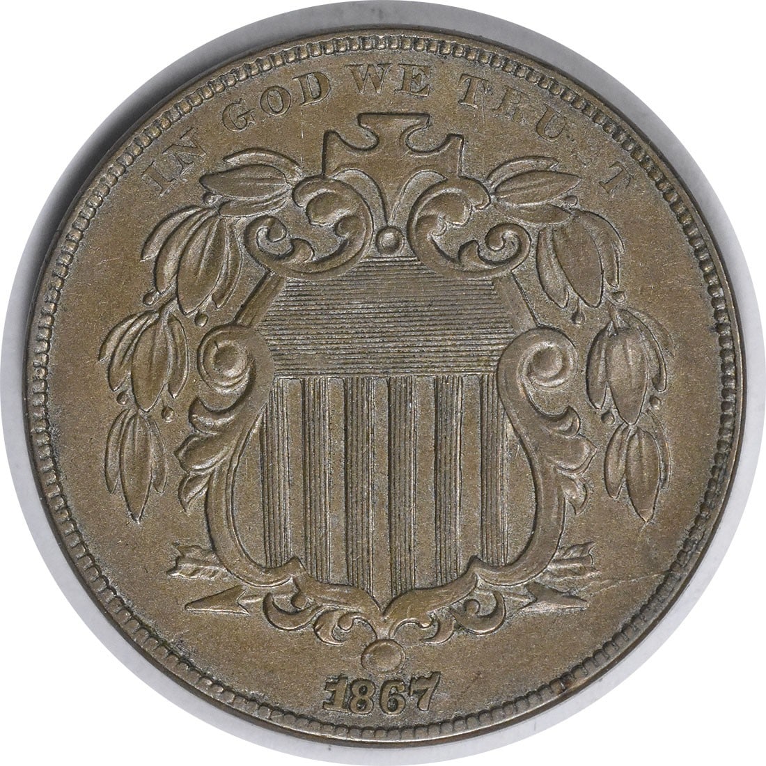 1867 Shield Nickel Rays F-04 AU Slider Uncertified: 1867 Shield Nickel Rays F-04 AU Slider Uncertified The 1867 Shield Nickel Rays F-04 AU Slider Uncertified features a striking design by James Barton Longacre, showcasing rays emanating from the shield