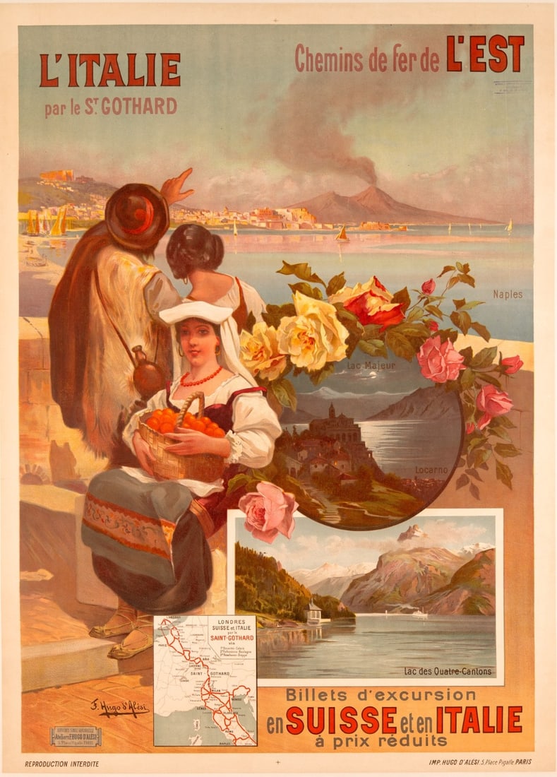L'Italie St Gotthard Swiss By Hugo D'Alesi Original Naples 1900 Chemin De Fer: L'Italie St Gotthard Swiss By Hugo D'Alesi Original Naples 1900 Chemin De Fer Item Specifics: Artist: HUGO D"ALESI Size: Large Date Of Creation: 1900C Title: ITALY BY SAINT GOTHARD Material: Canvas Pa