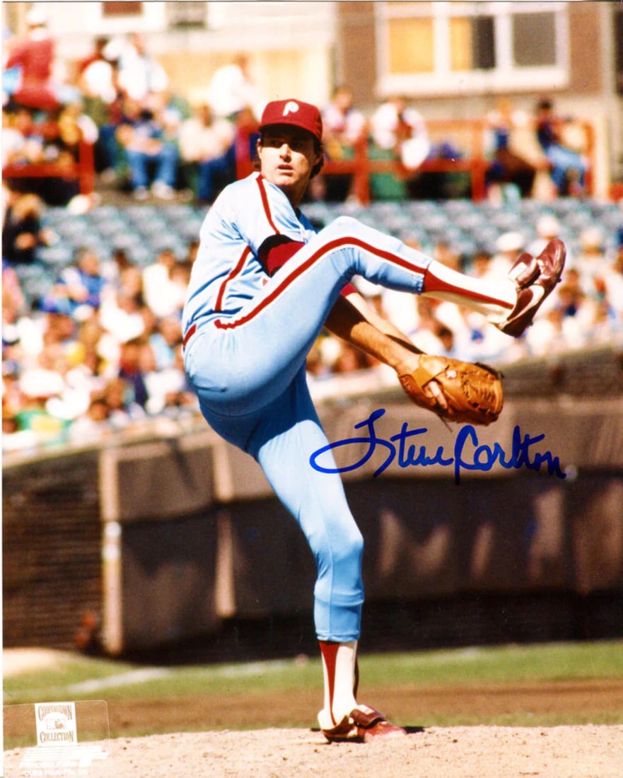 Autographed Photo by Steve Carlton: Autographed Photo by Steve Carlton Steve Carlton's 8x10 photo bears his signature, a notable feature of this collectible item. In good condition and verified by Hollywood Collectibles COA, this photo