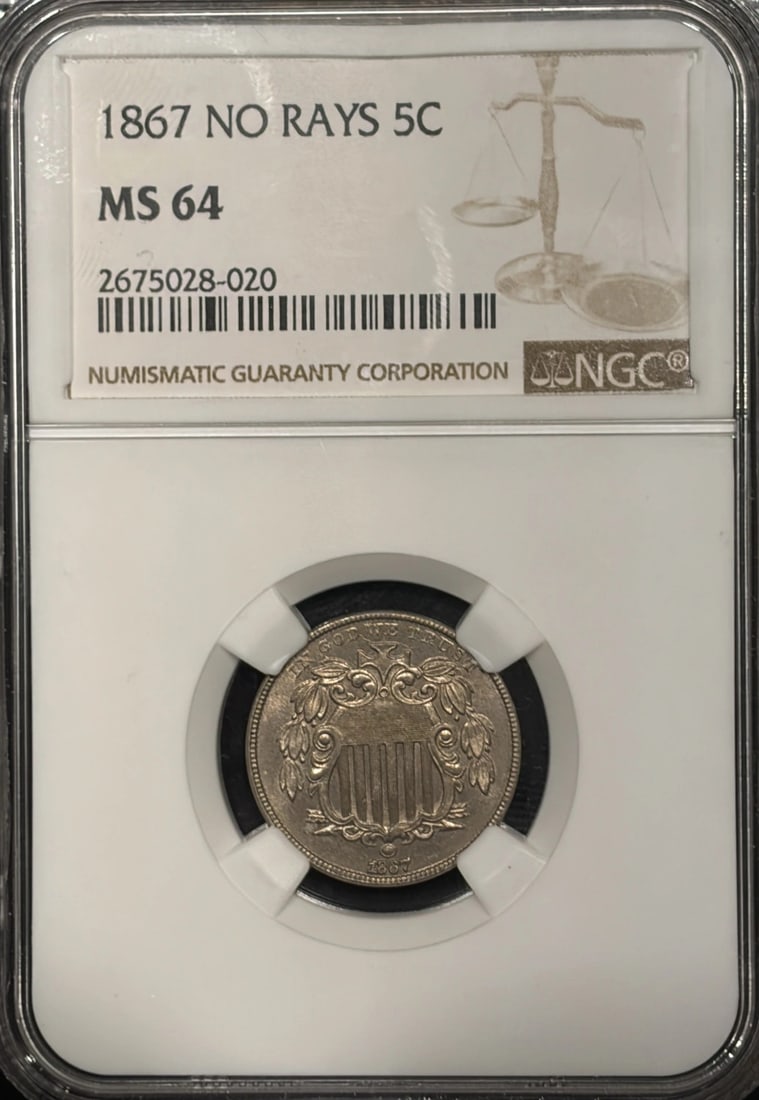1867 NO RAYS SHIELD NICKEL NGC MS64 (1 of 3)