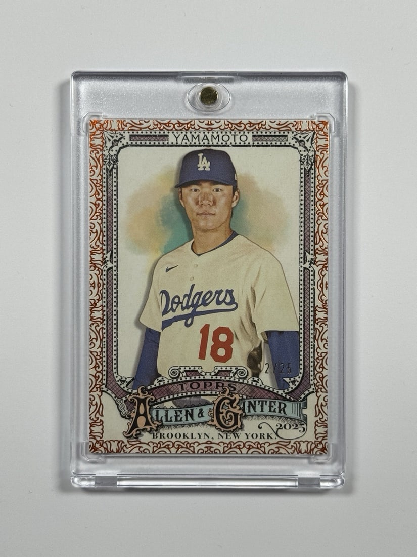2025 ALLEN & GINTER YOSHINOBU YAMAMOTO #138/ 25: 2025 ALLEN & GINTER YOSHINOBU YAMAMOTO #138/ 25 Standard League MLB card featuring Yoshinobu Yamamoto #138/25, a numbered parallel from the 2025 Topps set. This graded card boasts a unique serial numb