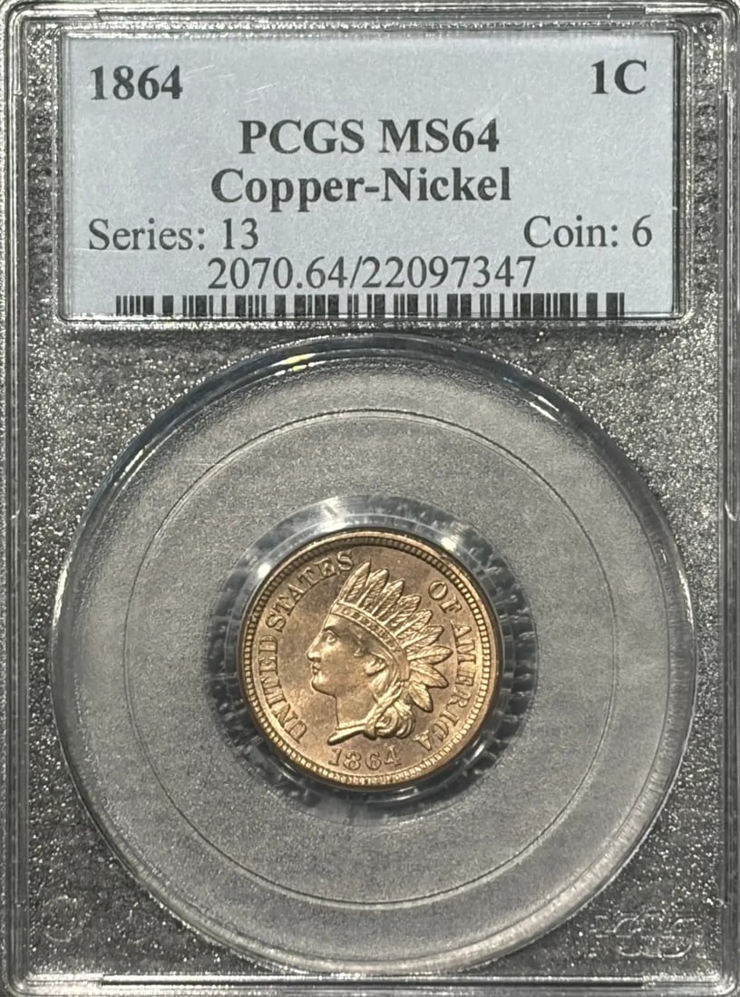 COPPER NICKEL INDIAN CENT PCGS MS64 VERY PQ: COPPER NICKEL INDIAN CENT PCGS MS64 VERY PQ PCGS MS64 Very PQ Copper Nickel Indian Cent, minted in 1864, boasts exceptional preservation with a high level of detail still visible. This uncirculated
