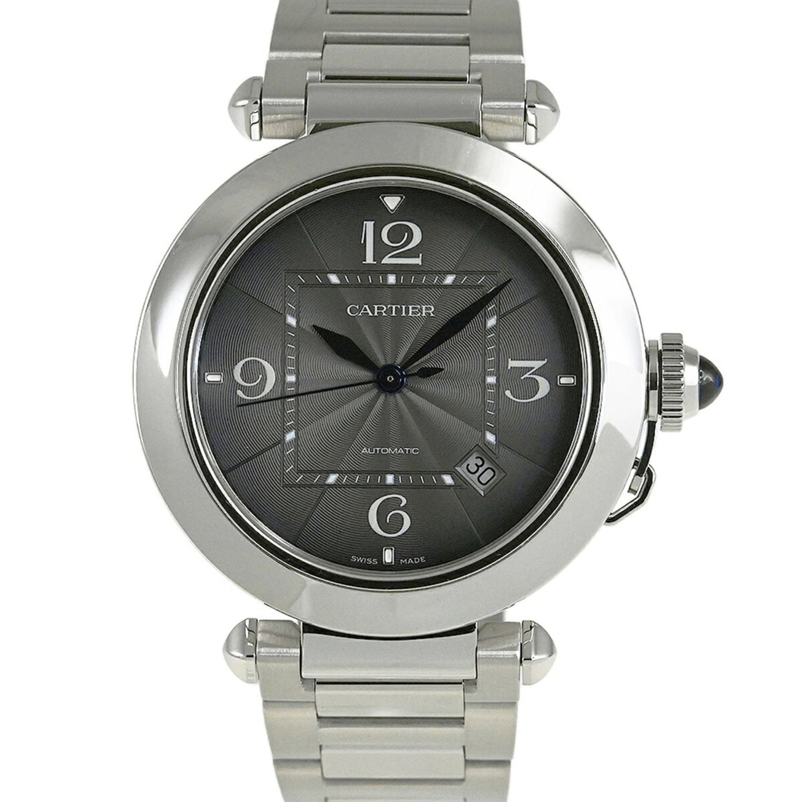 Wristwatch by Cartier: Wristwatch by Cartier Stainless steel case and band, paired with a dark gray analog dial, make for a sleek and sophisticated timepiece. This Cartier wristwatch boasts a 41mm diameter case and features