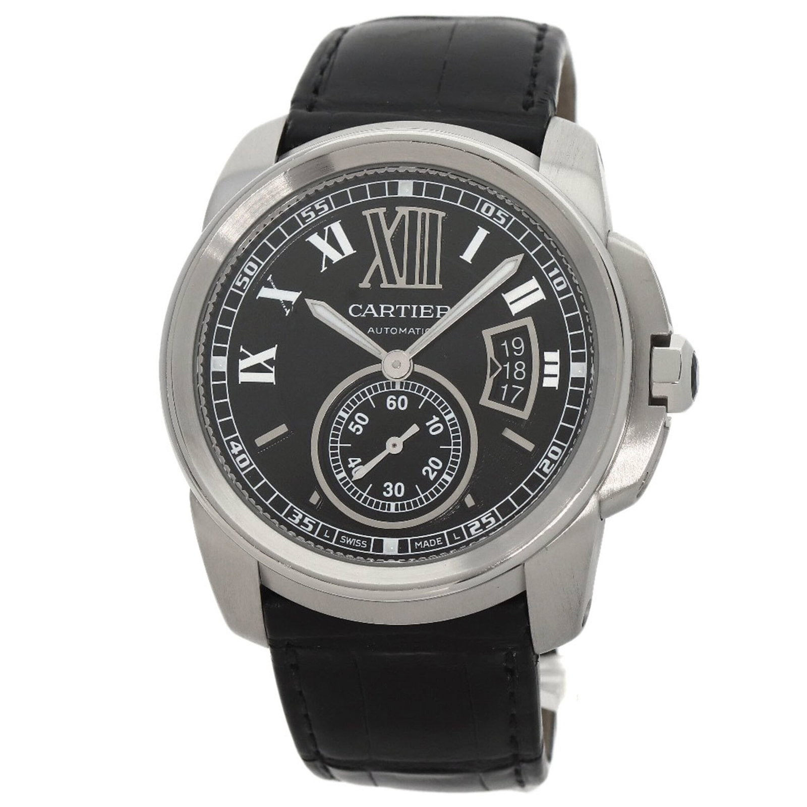 Wristwatch by Cartier: Wristwatch by Cartier Stainless steel case with a classic black dial, this Cartier wristwatch boasts a timeless design. With a leather band and a diameter of 48.1mm, it's perfect for those who