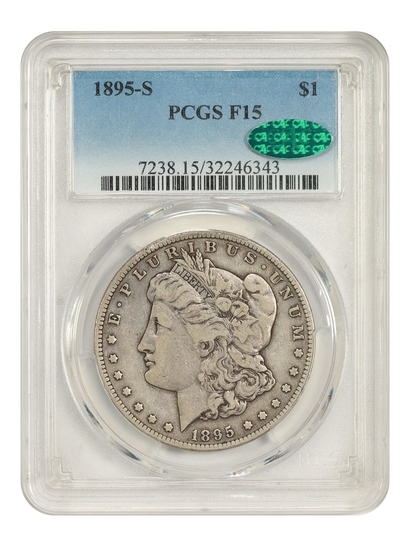 1895-S $1 PCGS/ CAC Fine 15 - Morgan Dollar - Very Popular Key Date: 1895-S $1 PCGS/ CAC Fine 15 - Morgan Dollar - Very Popular Key Date 1895-S $1 PCGS/ CAC Fine 15 - Morgan Dollar. This circulated 1895-S Morgan Dollar boasts a Fine 15 grade from the renowned PCGS and