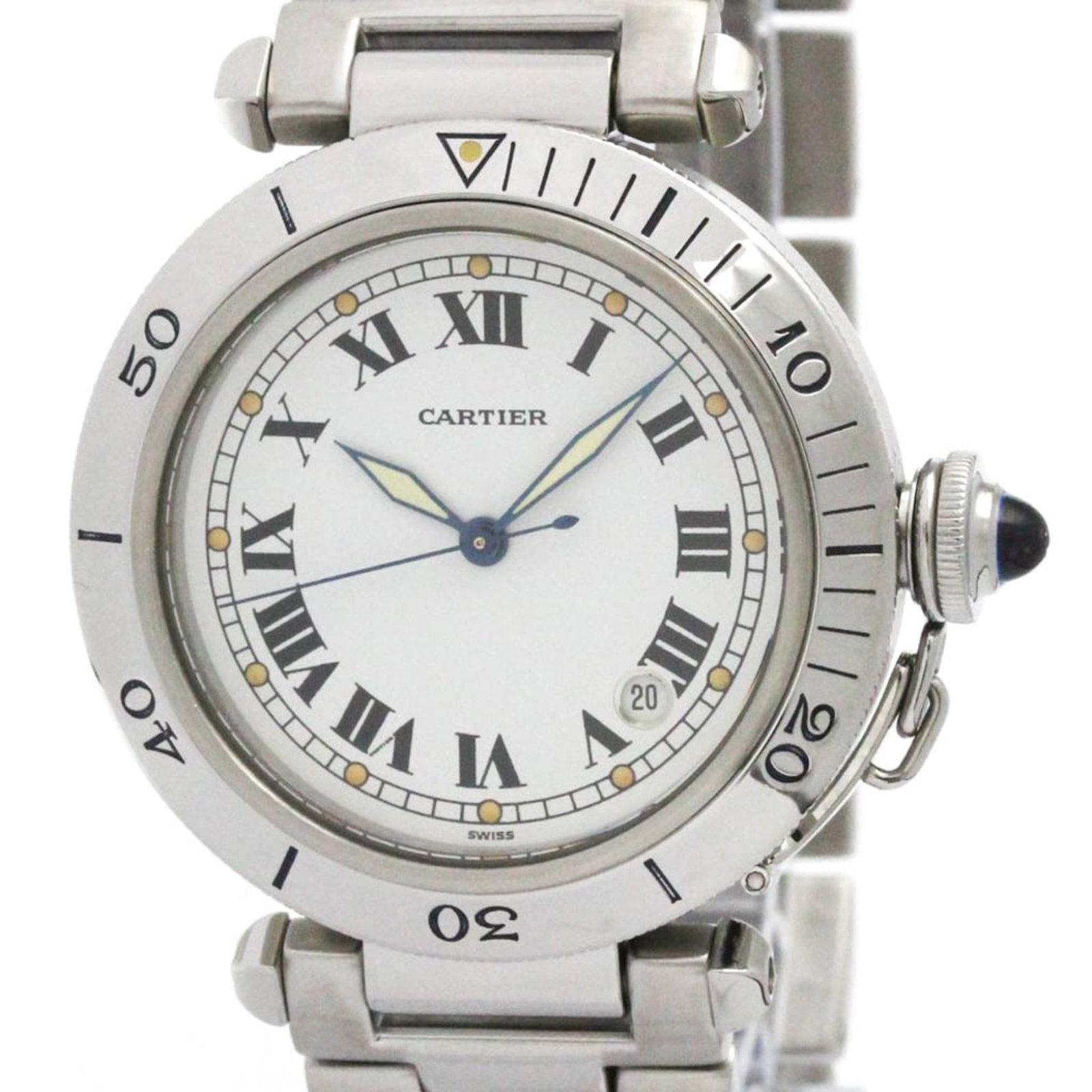 Wristwatch by Cartier: Wristwatch by Cartier Stainless steel case and band, white dial, and a classic dress watch design make this Cartier wristwatch a timeless choice. The 38mm size fits comfortably on most wrists, while