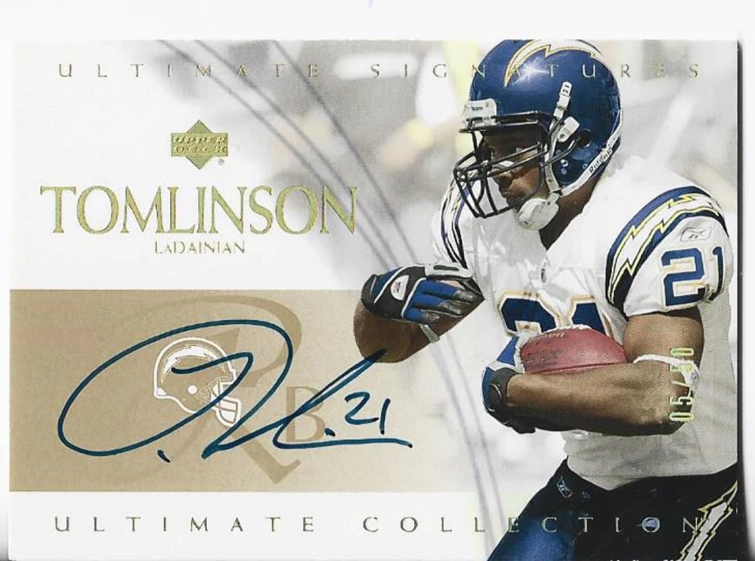 LaDainian Tomlinson 2003 Upper Deck Autographed Card 5/ 50 #US-LT: LaDainian Tomlinson 2003 Upper Deck Autographed Card 5/ 50 #US-LT The 2003 Upper Deck Autographed Card #US-LT by LaDainian Tomlinson features the signature of the legendary running back, making it a