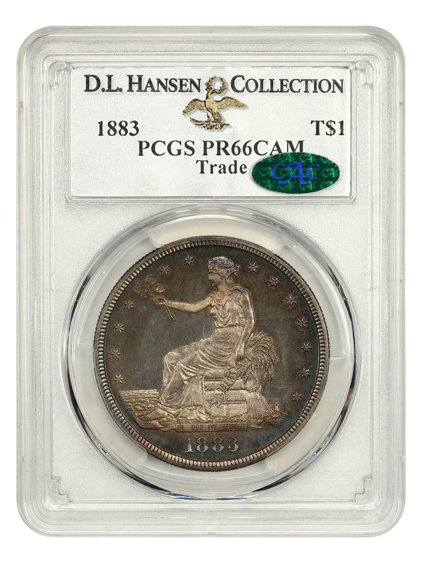 1883 Trade $1 PCGS/ CAC PR66CAM ex: D.L. Hansen - Trade Dollar: 1883 Trade $1 PCGS/ CAC PR66CAM ex: D.L. Hansen - Trade Dollar PR66CAM graded Trade Dollar from the 1883 series, certified by PCGS and backed by CAC. This uncirculated coin boasts a striking