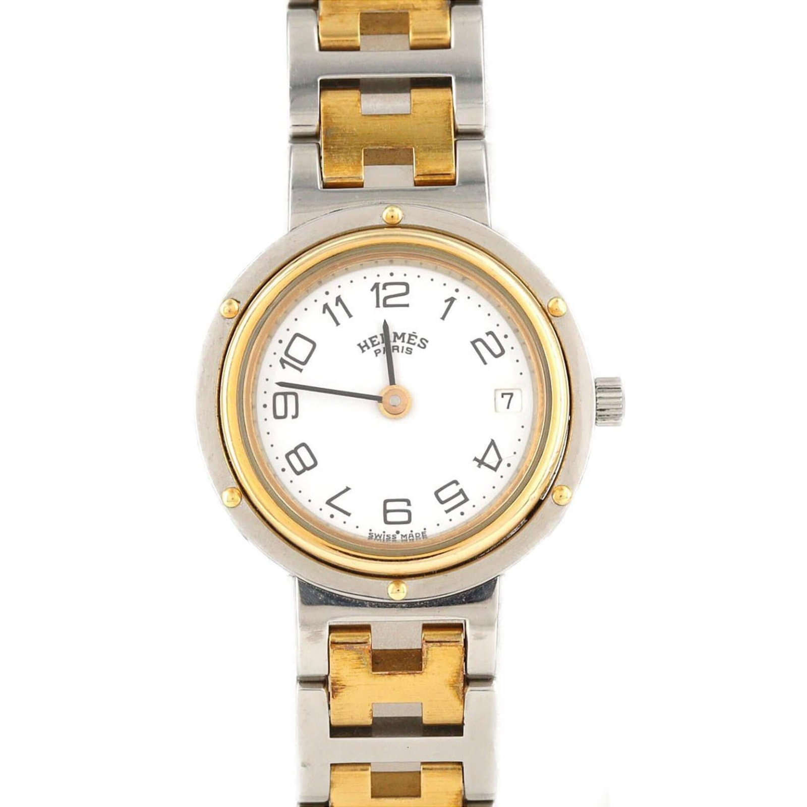 Hermes Wristwatch: Hermes Wristwatch Gold plated case and band, stainless steel accents, and a white dial make this Hermes wristwatch a stylish accessory. The 24mm case diameter fits wrists up to 16cm in circumference, 