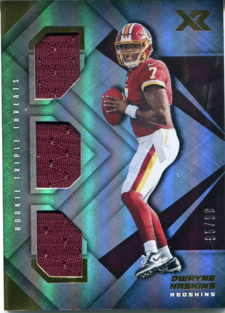 Dwayne Haskins 2019 Panini XR Triple Threats Relic Rookie Card 95/ 99: Dwayne Haskins 2019 Panini XR Triple Threats Relic Rookie Card 95/ 99 Dwayne Haskins' 2019 Panini XR Triple Threats Relic Rookie Card is a unique collectible featuring a relic from his playing