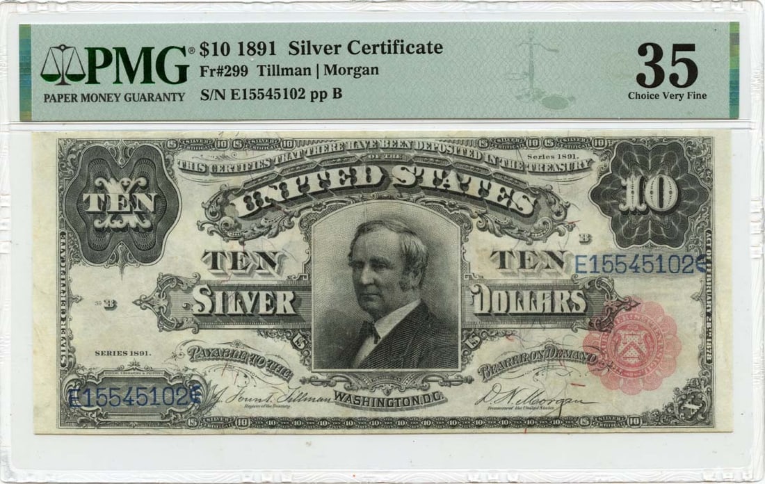 1891 $10 Silver Certificate Tombstone Fr# 299 PMG VF35: 1891 $10 Silver Certificate Tombstone Fr# 299 PMG VF35 Circulated $10 Silver Certificate from 1891, graded VF35 by PMG. This circulated example features the iconic Tombstone design and bears a