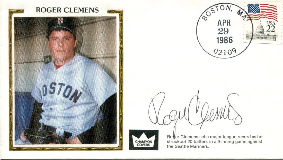 Roger Clemens Autographed April 29th, 1986 First Day Cover (PSA): Roger Clemens Autographed April 29th, 1986 First Day Cover (PSA) PSA-verified Roger Clemens autograph on April 29th, 1986 First Day Cover. This rare collectible features a black pen signature across