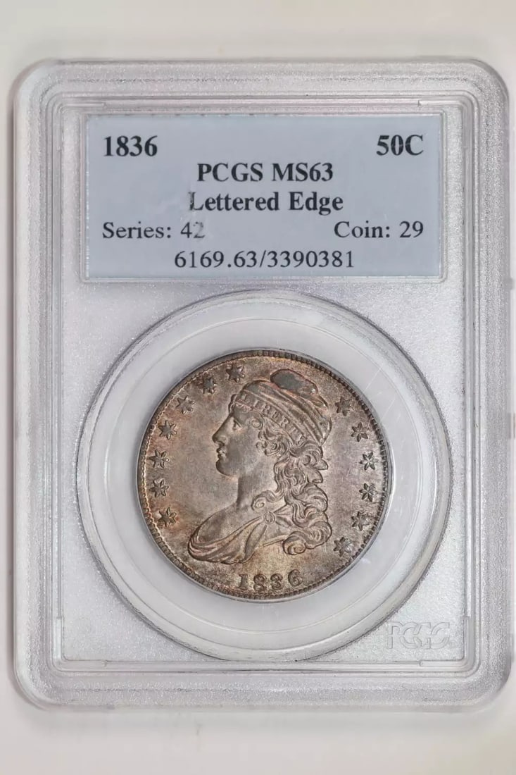 1836 LETTERED EDGE CAPPED BUST HALF DOLLAR PCGS MS63 ORIGINAL PQ: 1836 LETTERED EDGE CAPPED BUST HALF DOLLAR PCGS MS63 ORIGINAL PQ The 1836 Lettered Edge Capped Bust Half Dollar PCGS MS63 Original PQ is an exceptional example of early American numismatics, boasting 