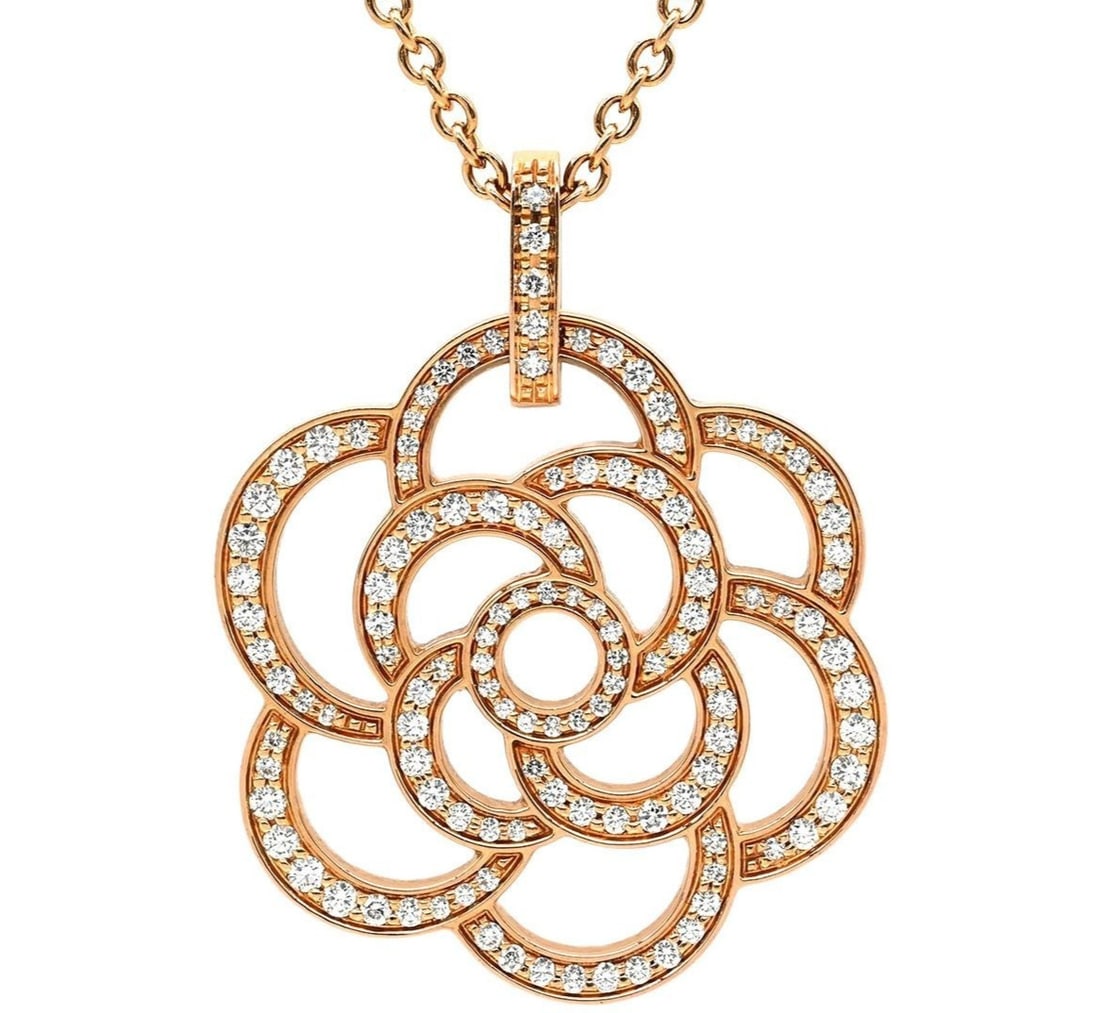 CHANEL Camellia Diamond Pendant Rose Gold Necklace 16.9 inches: CHANEL Camellia Diamond Pendant Rose Gold Necklace 16.9 inches Item Specifics: Brand: CHANEL Type: Necklace Metal Purity: 18k Color: Rose Gold Style: Pendant Base Metal: Rose Gold Main Stone Color: