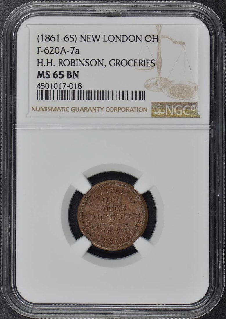 (1861-65) NEW LONDON F-620A-7a OH NGC MS65BN Robinson Groceries Token: (1861-65) NEW LONDON F-620A-7a OH NGC MS65BN Robinson Groceries Token The 1861-65 New London F-620A-7a OH NGC MS65BN Robinson Groceries Token boasts an impressive NGC certification, showcasing its exc