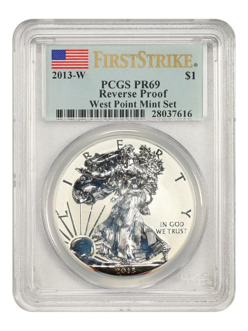 2013-W $1 Silver Eagle PCGS Rev PR69 (West Point Mint Set, First Strike): 2013-W $1 Silver Eagle PCGS Rev PR69 (West Point Mint Set, First Strike) 2013-W $1 Silver Eagle PCGS Rev PR69, certified by the prestigious Professional Coin Grading Service (PCGS) with a high-grade P
