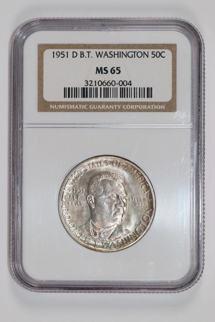 BOOKER T WASHINGTON HALF DOLLAR COMMEMORATIVE 1951 DOLLAR NGC MS65 ORIGINAL: BOOKER T WASHINGTON HALF DOLLAR COMMEMORATIVE 1951 DOLLAR NGC MS65 ORIGINAL NGC MS65 certified Booker T. Washington half dollar commemoratives are highly detailed and intricately designed, featuring t