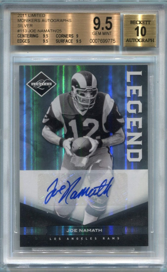 Namath Joe 2011 Panini Limited Monikers AUTO Card BGS Graded 9.5/ 10: Namath Joe 2011 Panini Limited Monikers AUTO Card BGS Graded 9.5/ 10 BGS Graded 9.5/10, this Joe Namath 2011 Panini Limited Monikers AUTO Card is a highly sought-after collectible featuring the