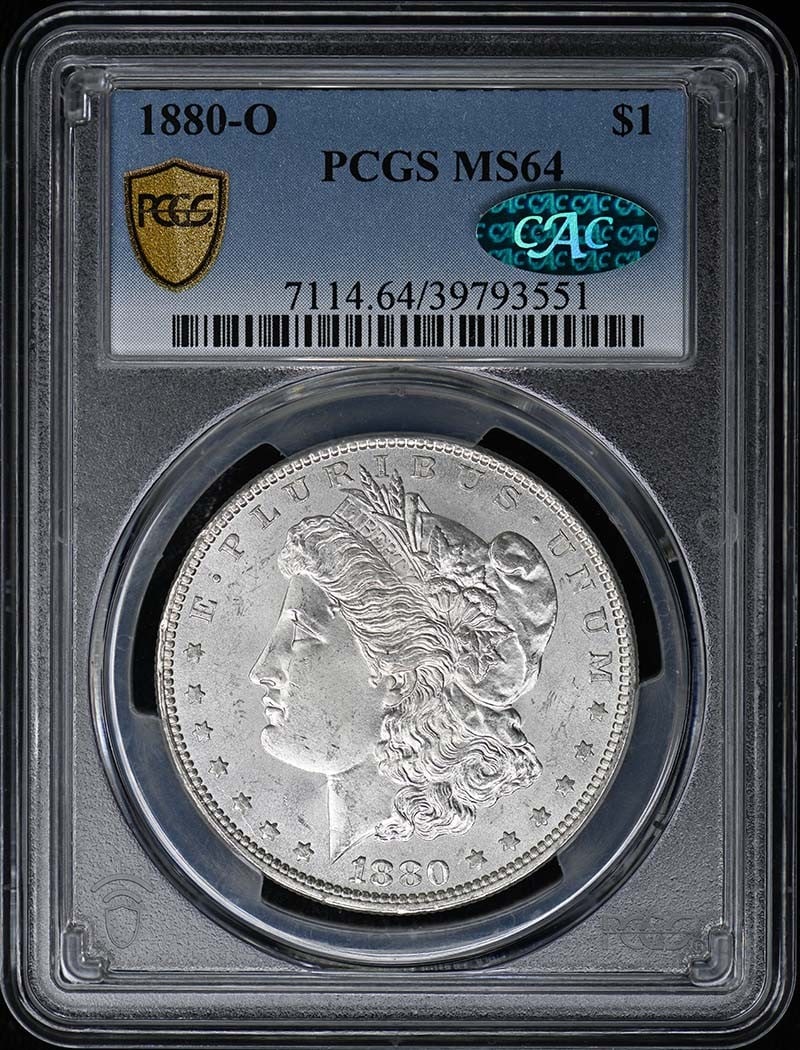 1880-O $1 Morgan Dollar PCGS MS64 (CAC): 1880-O $1 Morgan Dollar PCGS MS64 (CAC) PCGS MS64 certified, the 1880-O $1 Morgan Dollar boasts exceptional condition with a rich history. This uncirculated coin features the iconic design of Augustus