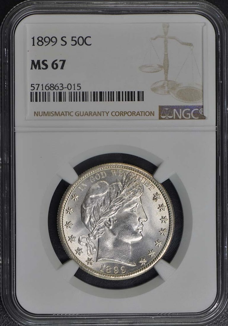 1899-S Barber Half Dollar 50C NGC MS67: 1899-S Barber Half Dollar 50C NGC MS67 The 1899-S Barber Half Dollar, graded MS67 by the Numismatic Guaranty Corporation (NGC), boasts exceptional mint state condition. This uncirculated coin from