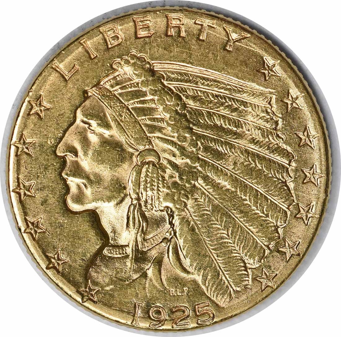 $2.50 1925-D Gold Indian Slider AU Uncertified: $2.50 1925-D Gold Indian Slider AU Uncertified The 1925-D Gold Indian Slider features an AU grade, indicating its high level of detail and luster. With a mintage of over 578,000, it's one of the more 