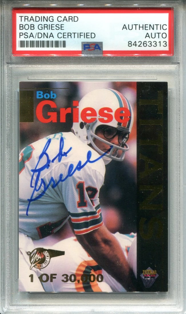 Autographed Card PSA Griese Bob Signature Rookies 1995: Autographed Card PSA Griese Bob Signature Rookies 1995 Signed in blue sharpie across the front of the card, Bob Griese's autograph adds authenticity to this 1995 Signature Rookies Card. Provided with 