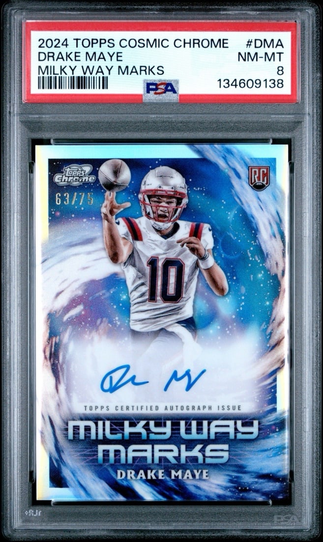 2024 TOPPS CHROME DRAKE MAYE #MWM-DMA MILKY WAY MARKS ROOKIE AUTO/ 75: 2024 TOPPS CHROME DRAKE MAYE #MWM-DMA MILKY WAY MARKS ROOKIE AUTO/ 75 Signed by Drake Maye, Rookie Autograph Card #MWM-DMA in the 2024 Topps Cosmic Chrome Football Autograph Set. This Milky Way Marks
