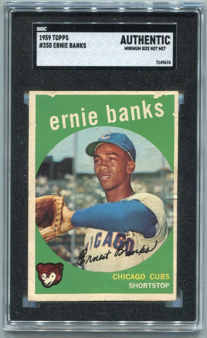 SGC Authentic Ernie Banks 1959 Topps Card #350: SGC Authentic Ernie Banks 1959 Topps Card #350 SGC Graded Authentic Ernie Banks 1959 Topps Card #350. This card, graded by Professional Grader SGC at 275016, boasts the iconic image of Ernie Banks in