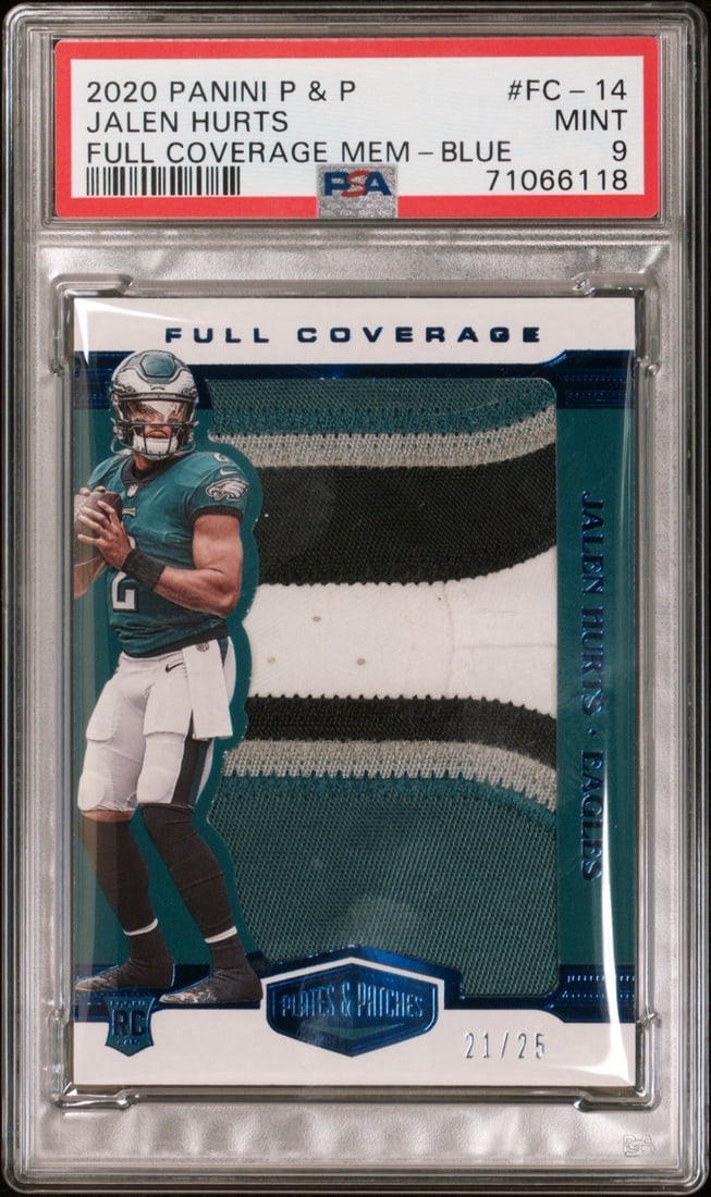 Jalen Hurts Full Coverage Patch 2020 Panini Plates & Patches Rc/ 25 Psa 9: Jalen Hurts Full Coverage Patch 2020 Panini Plates & Patches Rc/ 25 Psa 9 Jalen Hurts Full Coverage Patch 2020 Panini Plates & Patches Rc/ 25 Psa 9 - A highly graded, limited edition card featuring