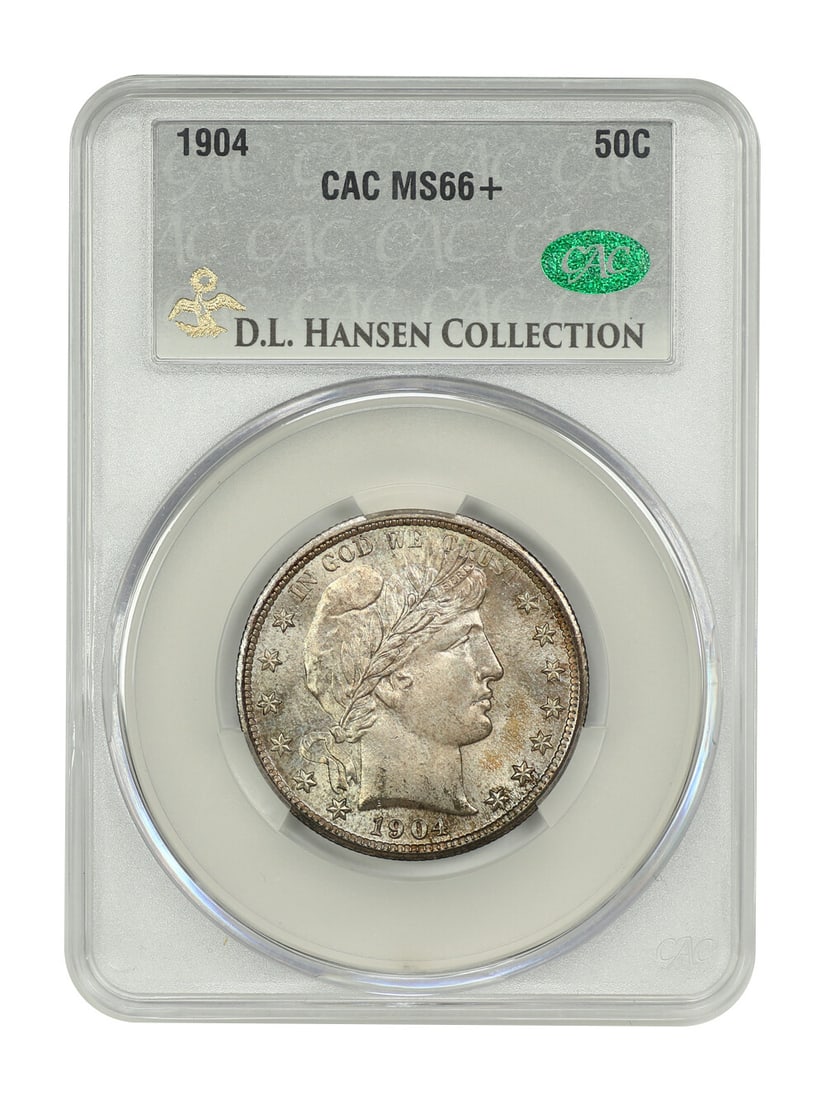 1904 50C CACG MS66+: 1904 50C CACG MS66+ The 1904 Barber Half Dollar, graded MS66+, boasts exceptional mint state condition with subtle details preserved. Certified by CACG, this uncirculated coin showcases the iconic des