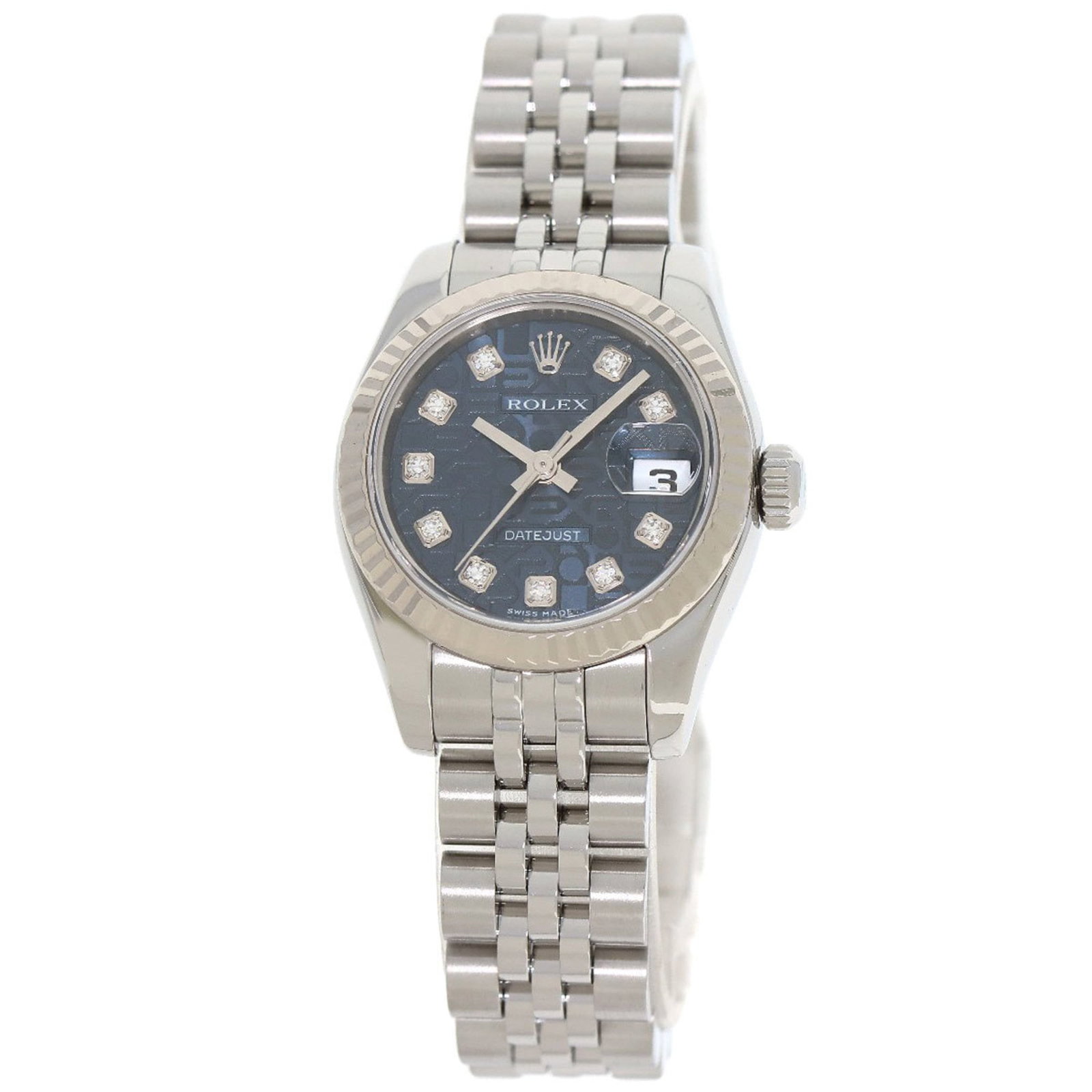 Rolex Wristwatch: Rolex Wristwatch Stainless steel case and band, paired with a vibrant blue dial and adorned with a diamond gemstone, make this Rolex wristwatch a stylish accessory. The watch boasts a sleek design