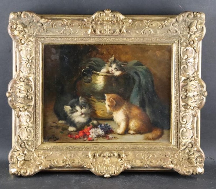 Charming 19thC Oil Painting Three Kittens Attributed to Charles Hutin Signed (1 of 20)