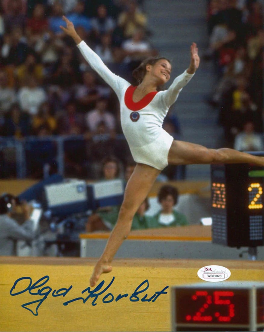 Olga Korbut Autographed 8x10 Photo: Olga Korbut Autographed 8x10 Photo Olga Korbut's iconic image is captured in this 8x10 photo, signed by the legendary Soviet gymnast. The James Spence Authentication (JSA) COA verifies the signature,