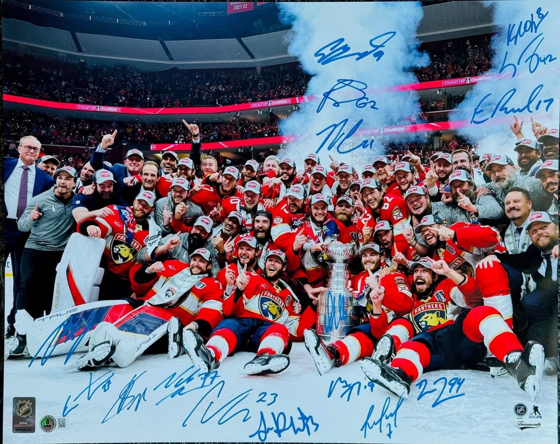 Stanley Cup Champions Multi Signed Panthers 2023-24 Florida 16x20 Photo: Stanley Cup Champions Multi Signed Panthers 2023-24 Florida 16x20 Photo Signed in blue sharpie by sixteen players from the 2024 Championship, this 16x20 photo captures the Florida Panthers' historic