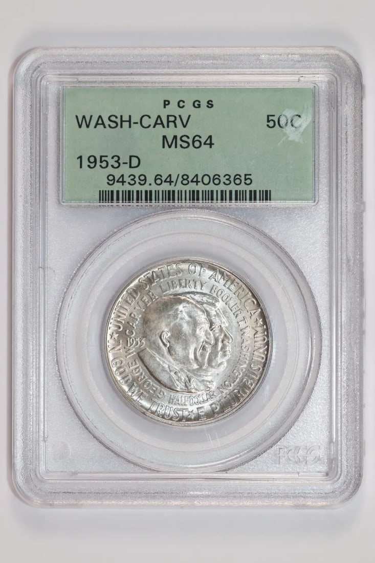 COMMEMORATIVE HALF DOLLAR PCGS MS64 OGH 1953-D WASHINGTON CARVER: COMMEMORATIVE HALF DOLLAR PCGS MS64 OGH 1953-D WASHINGTON CARVER The 1953-D Washington Carver half dollar, graded MS64 by PCGS and certified by NGC, boasts exceptional detail and luster. This uncircul