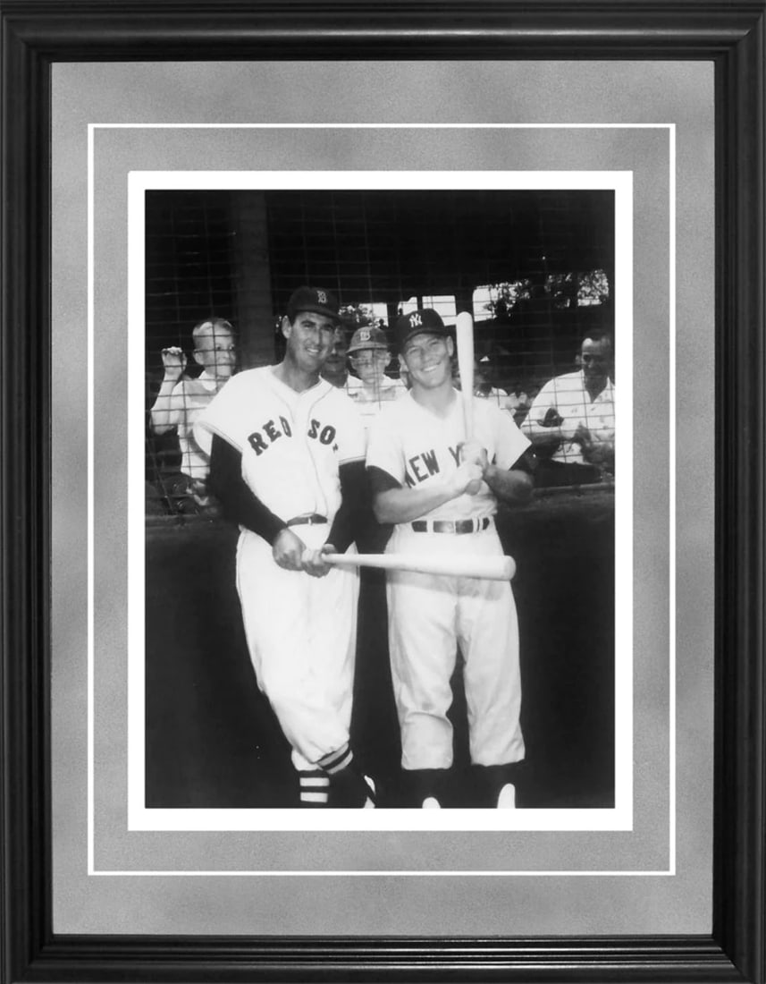 Williams Ted Framed is black Mantle 11x14 original Coll Brearley: Williams Ted Framed is black Mantle 11x14 original Coll Brearley A black and white photo of Ted Williams and Mickey Mantle, framed in grey suede with white matting within a black wood frame. The 11x14