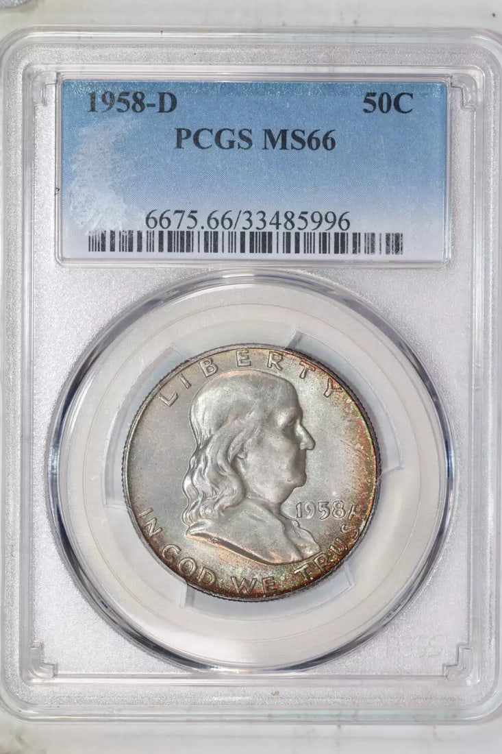 1958-D FRANKLIN HALF DOLLAR PCGS MS66 - REVERSE RAINBOW TONING (1 of 2)
