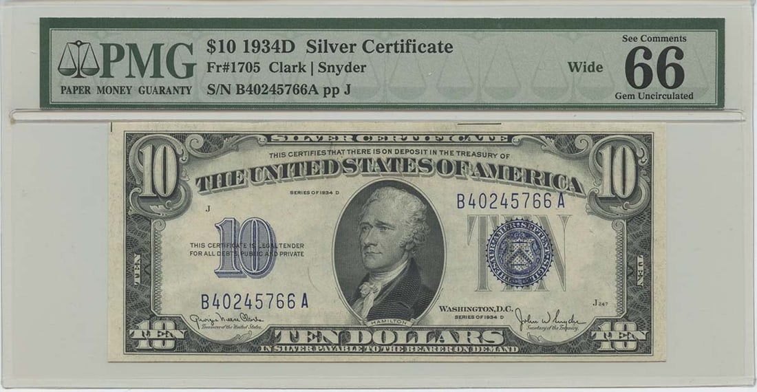 1934D $10 Silver Cert FR#1705 PMG 66 Gem UNC EPQ Wide: 1934D $10 Silver Cert FR#1705 PMG 66 Gem UNC EPQ Wide The 1934D $10 Silver Certificate, FR#1705, boasts a stunning PMG 66 Gem UNC grade, showcasing exceptional condition and clarity. This circulated/u