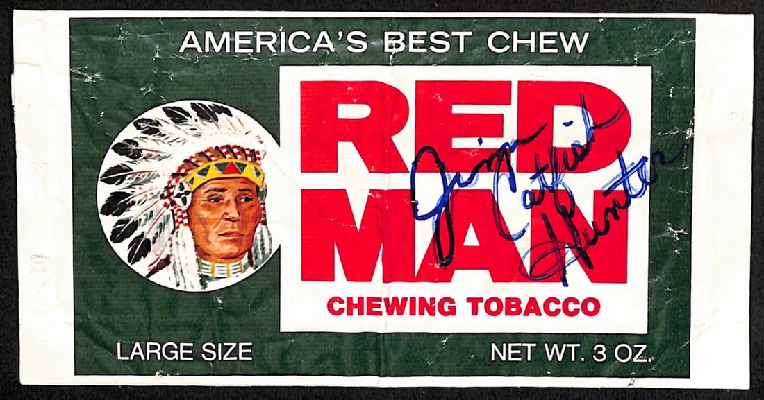 Jim Catfish Hunter HOF A's Signed/ Autographed Red Man Tobacco Pouch Bag 176611: Jim Catfish Hunter HOF A's Signed/ Autographed Red Man Tobacco Pouch Bag 176611 Signed by Jim Catfish Hunter, a legendary Hall of Fame pitcher for the A's, this rare Red Man Tobacco Pouch Bag features