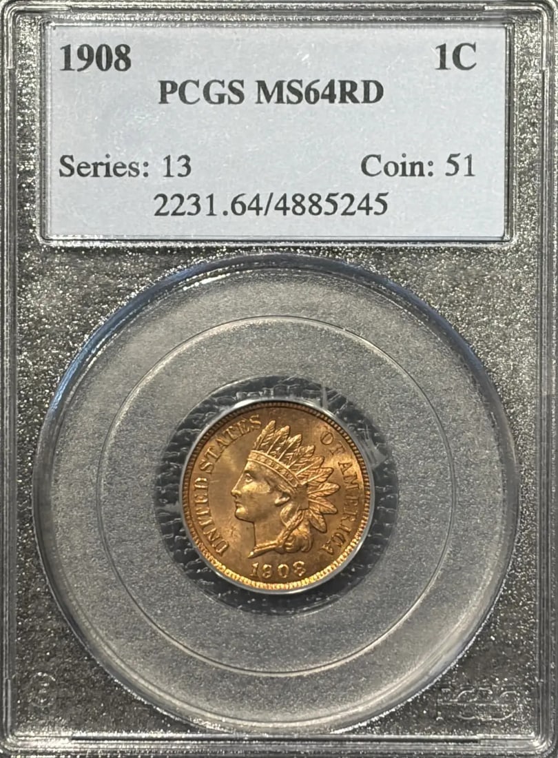 INDIAN CENT PCGS MS64 RED 1908