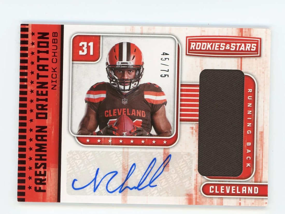 Nick Chubb 2018 Panini Rookies & Stars Patch Card #FONC/ 75: Nick Chubb 2018 Panini Rookies & Stars Patch Card #FONC/ 75 Nick Chubb's 2018 Panini Rookies & Stars Patch Card #FONC/75 features a unique patch, making it a standout among football cards. This card i