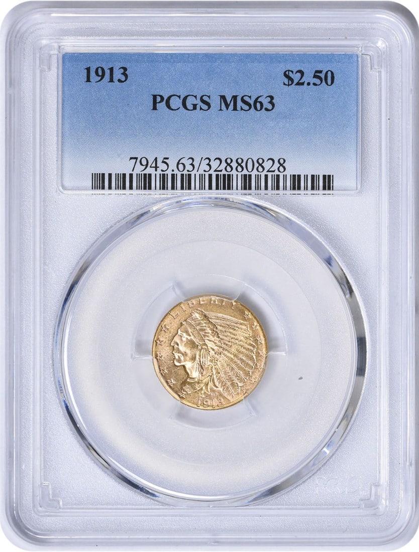 MS63 PCGS Gold Indian 1913 $2.50: MS63 PCGS Gold Indian 1913 $2.50 MS63 PCGS Gold Indian 1913 $2.50, a rare and historic coin from the Philadelphia Mint, boasts an impressive MS63 grade and features a striking design by Bela Lyon