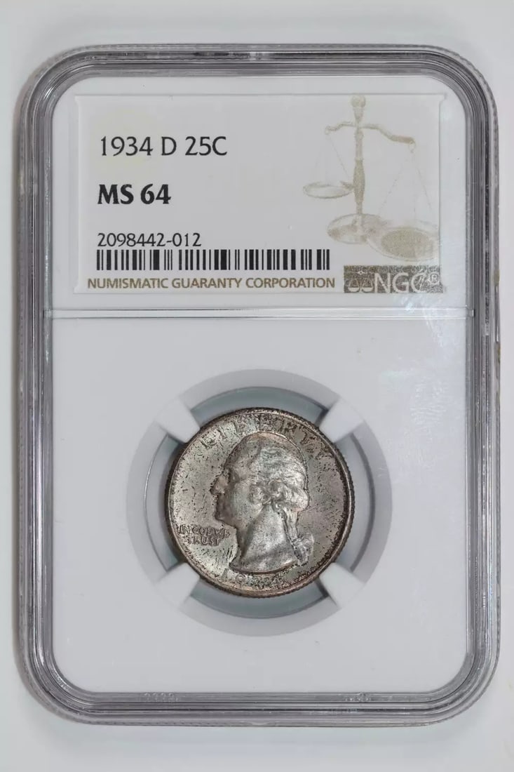 WASHINGTON 1934 QUARTER D NGC MS64: WASHINGTON 1934 QUARTER D NGC MS64 The Washington 1934 Quarter, graded MS64 by the Numismatic Guaranty Corporation (NGC), boasts exceptional detail and luster. This uncirculated coin, minted in Denver