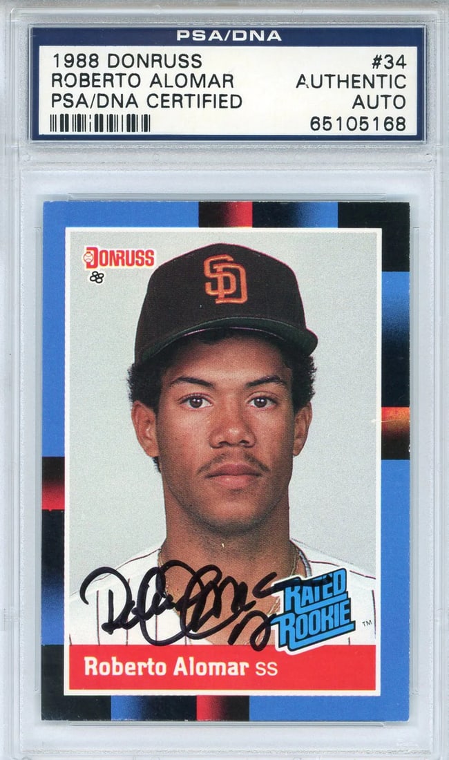 Roberto Alomar Autographed 1988 Donruss Rookie Card #34 (PSA): Roberto Alomar Autographed 1988 Donruss Rookie Card #34 (PSA) Item Specifics: Brand: Professional Sports Authenticator (PSA) Roberto Alomar Autographed 1988 Donruss Rookie Card #34 Card is signed in