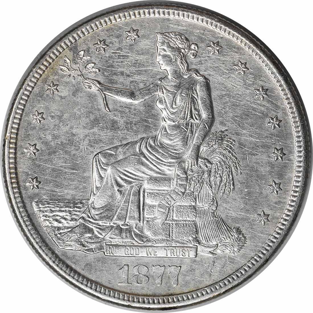 1877-S Trade Silver Dollar AU Uncertified: 1877-S Trade Silver Dollar AU Uncertified The 1877-S Trade Silver Dollar is an AU Uncertified circulated coin, bearing the signature of William Barber, its designer. Made from a combination of 90%