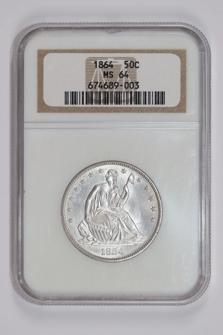 SEATED LIBERTY HALF DOLLAR NGC MS64 GORGEOUS WHITE COIN: SEATED LIBERTY HALF DOLLAR NGC MS64 GORGEOUS WHITE COIN NGC MS64 certified, the 1864 seated liberty half dollar boasts stunning white details, showcasing exceptional preservation. This uncirculated co