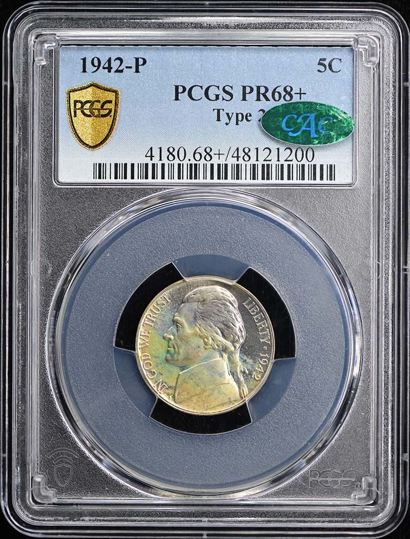 PCGS PR68+ CAC 1942 Jefferson Nickel P 5C Type 2: PCGS PR68+ CAC 1942 Jefferson Nickel P 5C Type 2 Item Specifics: Certification: PCGS Year: 1942 Circulated/Uncirculated: Uncirculated Denomination: Jefferson Nickel Strike Type: Proof Grade: PR68+ Min
