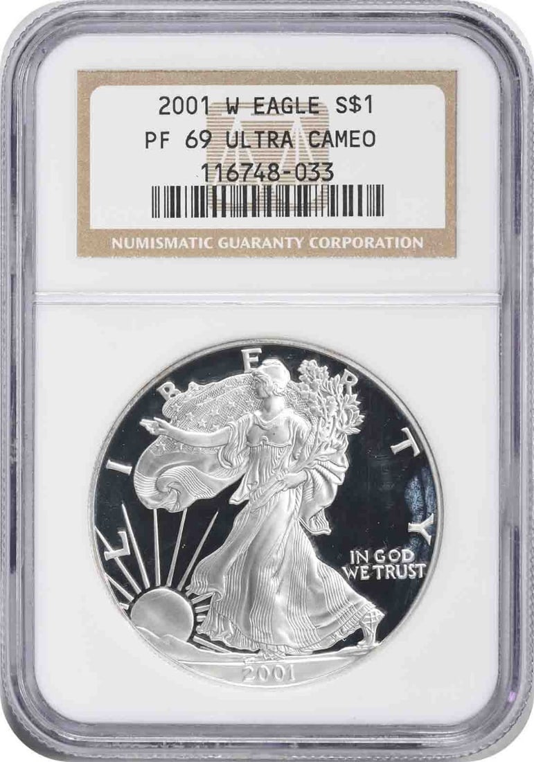 2001-W $1 American Silver Eagle PF69UCAM NGC: 2001-W $1 American Silver Eagle PF69UCAM NGC The 2001-W $1 American Silver Eagle PF69UCAM NGC is a highly detailed proof coin, showcasing the exceptional craftsmanship and precision of the U.S. Mint's