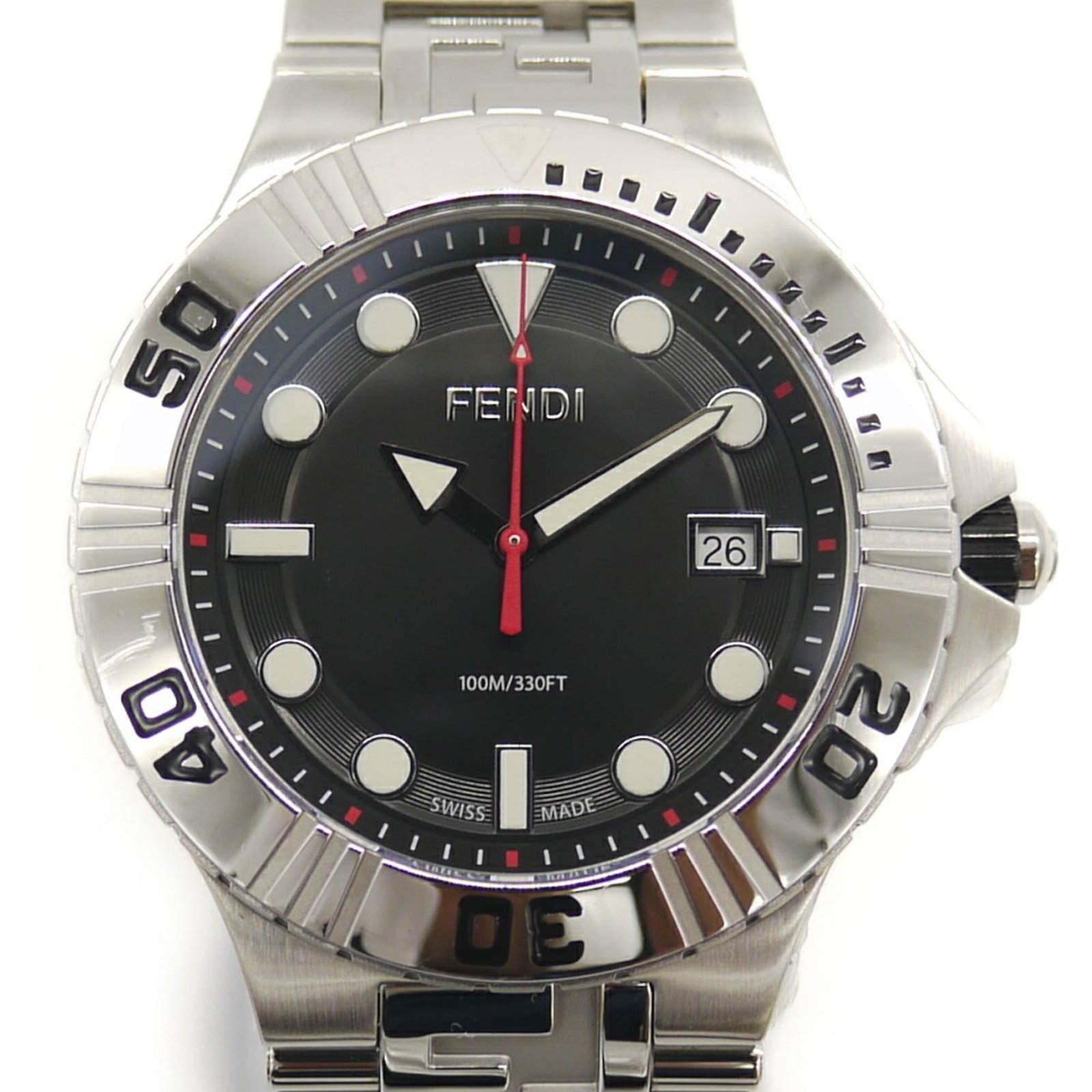 Fendi Wristwatch: Fendi Wristwatch Stainless steel case and band provide a durable foundation for the Fendi wristwatch, available in black dial. Measuring 42mm in diameter, it offers a classic design with subtle wear s